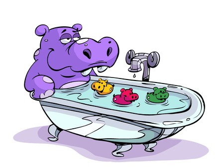 Hippo playing with bath toysのイラスト素材