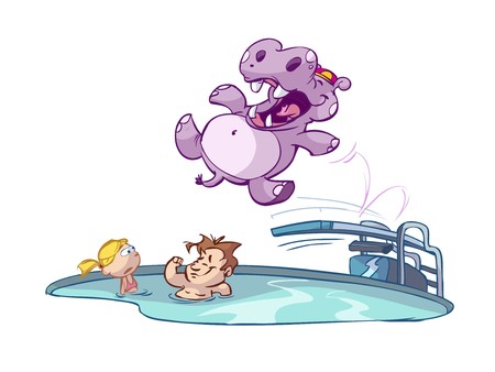 Hippo jumping in pool with kidsのイラスト素材