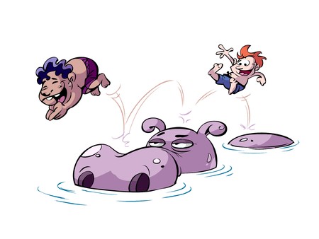 kids jumping on back of hippoのイラスト素材