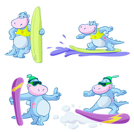 	cute dino snowboard surf setのイラスト素材