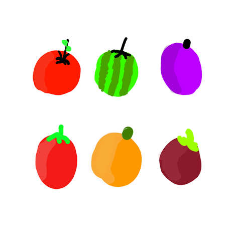 set of kid drawing fruit with cartoon and funny style vectorのイラスト素材