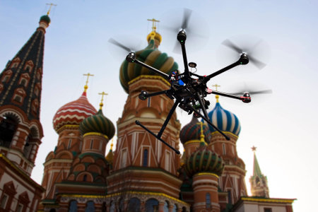 A flying hexacopter without a camera shot from below with the blue skies and blured features of Red Square in the backgroundの写真素材
