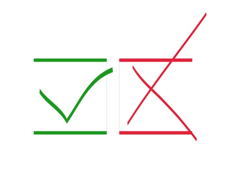 Red X and green tick check marks, approval signs design. Red X and green OK symbol icons in square check boxes. Check list marks, choice options, test, quiz or survey signs.のイラスト素材