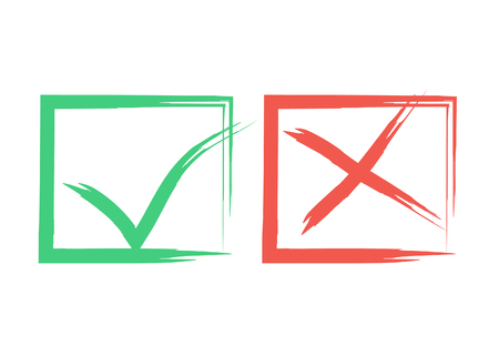 Symbolic OK and X icons in square frames. Cross and tick signs, check marks graphic design. NO and YES rejected and approved symbol vector buttons for vote, election choice. Grunge voting iconsのイラスト素材