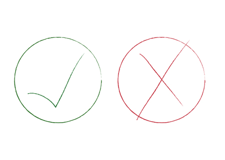 Grunge Red X and green tick check marks, approval signs design. Red X and green OK symbol icons in circle check boxes. Brush painted heck list marks, choice options, test, quiz or survey signs.のイラスト素材