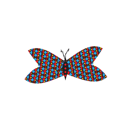 Cute colorful butterfly isolated on white funny vector illustration. Cartoon butterfly with geometric ornaments wings. Editable element for your designのイラスト素材