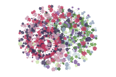 Yin-Yang symbol painted with multicolored splashes of a brush. Original vector illustration. Spots of colors twisted "for" and "against" an hour hand. Editable element for your design.のイラスト素材