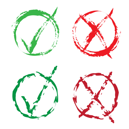 Set of brush red X and green tick check marks, approval signs design. Stroke X and green OK symbol icons in round check boxes. New check list grunge marks, choice options, test, quiz or survey signs.のイラスト素材