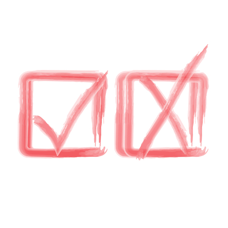 Brush red X and tick check marks, approval signs design. Stroke X and OK symbol icons in square check boxes. New check list grunge marks, choice options, test, quiz or survey signs.のイラスト素材
