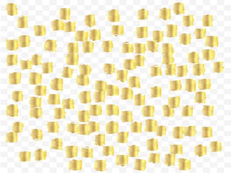 Gold shining confetti flying on white holiday vector background. VIP flying tinsel elements, gold foil texture serpentine streamers confetti falling party. Colorful tinsel elements vector designのイラスト素材