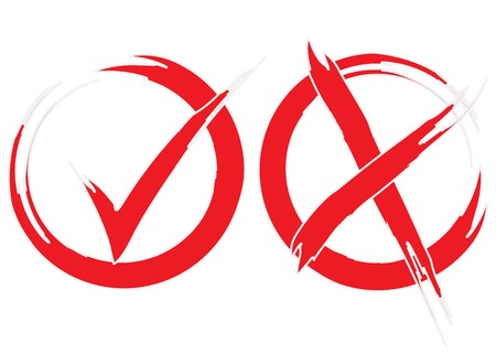 New grunge stroke tick, cross check marks. Brush check signs OK and X test icons isolated on white.New brush marks graphic design Symbols YES and NO button for vote, decision, web. EPS 10のイラスト素材