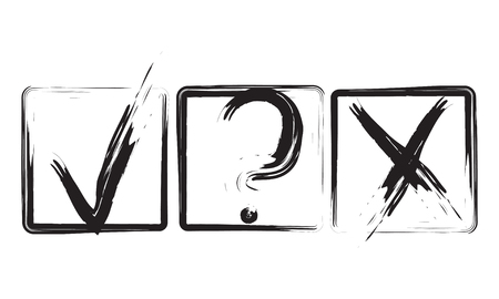 Original Black Check Marks Set in Square Boxes. Brush Grunge Tick, Cross and Question Mark Icons Vector Design. Voting Icons Elements Isolated on White. New Test Marks Collection. EPS 10.のイラスト素材