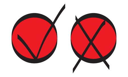 Brush stroke tick and cross signs in circle boxes. Negative and positive check marks set. New Voting icons template. New check marks collection for voting, exam, test, quiz, poll. Yes and no symbolsのイラスト素材