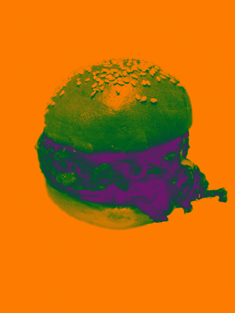 Green Burger with Violet Lettuce Closeup Isolated on Orange Background Surreal Vector Banner. Neon Burger Icon Original Vector Design. Pop Art Style Meal Design Vector Illustration.の写真素材