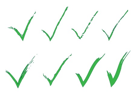 Hand Drawn Freestyle Green Ticks Vector Set. Original Check Marks Painted Collection. Vector Illustrationのイラスト素材