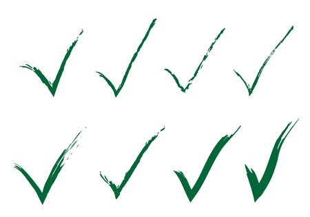 Hand Drawn Freestyle Green Ticks Vector Set. Original Check Marks Painted Collection. Vector Illustrationのイラスト素材