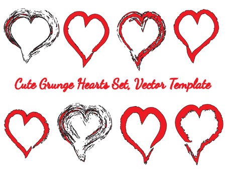 Brush Stroke Grunge Hearts Vector Set. Cute Red Heart Icons Collection isolated on White. Love Symbol Vector Template. Editable elements for Valentine Cards, Stickers, Covers, Wallpapers, Printsのイラスト素材