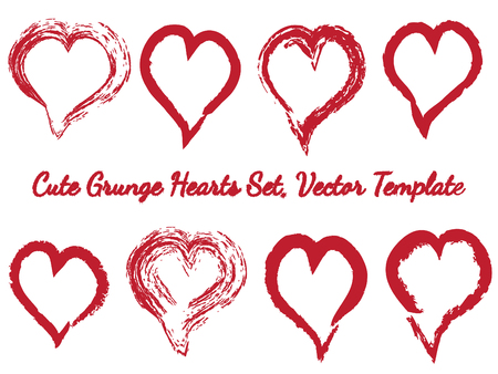 Brush Stroke Grunge Hearts Vector Set. Cute Red Heart Icons Collection isolated on White. Love Symbol Vector Template. Editable elements for Valentine Cards, Stickers, Covers, Wallpapers, Printsのイラスト素材