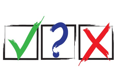 Question, red X and green tick check marks, approval signs design. Red X and green OK symbol icons in square check boxes. Check list marks, choice options, test, quiz or survey signs.のイラスト素材