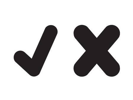 Grunge black stroke tick and cross signs. Grunge check mark OK and X icons, isolated on white. Brush marks graphic design. Symbols YES and NO button for vote, decision, web. Vector illustrationのイラスト素材