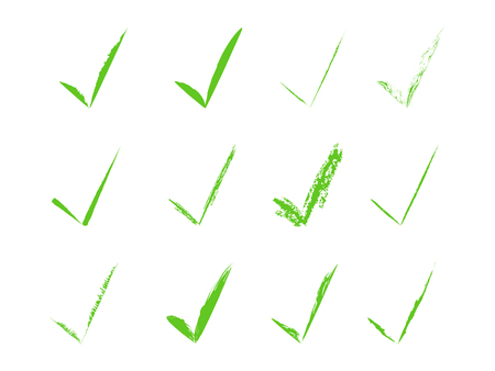 Green Check Marks Brush Painted Collection. Voting Tick Design. Stroke Ticks Set. Original Confirm Icons Backgroundのイラスト素材
