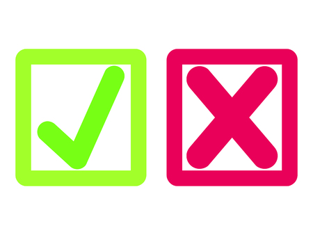 Flat stroke tick and cross signs. New check mark OK and X icons, isolated on white. Original voting marks graphic design. Symbols YES and NO button for vote, decision, web. Vector illustrationのイラスト素材