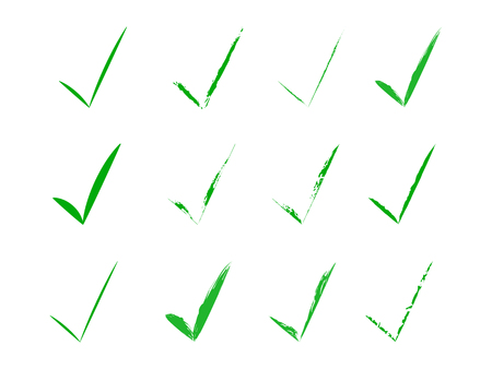 Green Check Marks Brush Painted Collection. Voting Tick Design. Stroke Ticks Set. Original Confirm Icons Backgroundのイラスト素材