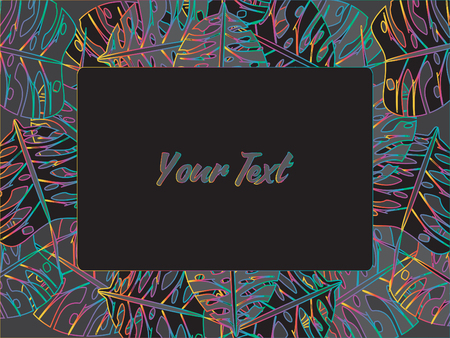 Exotic tropical jungle floral frame with palm tree, monstera leaves and place for text. Tropical leaves border original vector designのイラスト素材