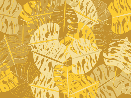 Golden tropical jungle leaves vector pattern. Philodendron or monstera plant repeating background for textile, wallpaper, summer decoration. Floral pattern with monstera leaf. - Vectorのイラスト素材