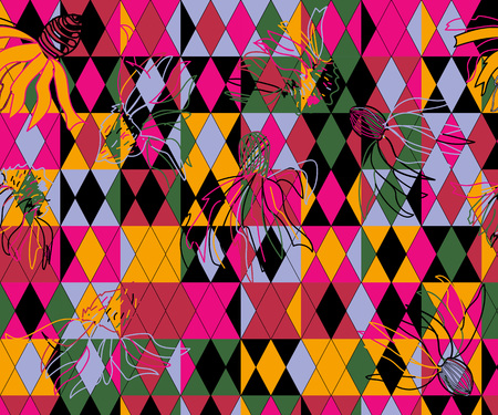 Hand-drawn flowers rudbecky and geometric pattern of rhombuses original vector design. Painted flowers and rhombuses abstract banner. Pop art style floral templateのイラスト素材