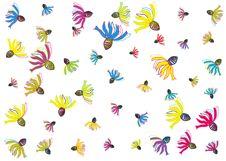 Chaotically Scattered Simple Hand Painted Flowers Original Vector Design. New Rustic Pattern with Marigold Flowers, Rudbekiy Flowers Ornament Editable Illustration in Blue and Whiteのイラスト素材