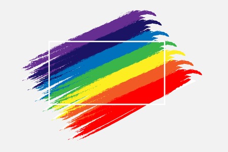 Rainbow brush strokes. Acrylic smears. Iridescent strokes. Hand paint. Watercolor artwork. Freestyle drawing. Vector illustration. Frame design. Paint brush splash. Abstract rainbow drawing.のイラスト素材