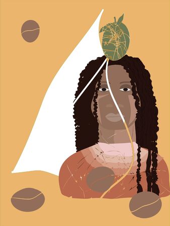 Afro american person, stylish minimal vector design. Scandinavian style illustration. Contemporary art poster. Red Indian woman, abstract modern design. Pastel colors bauhaus image.のイラスト素材