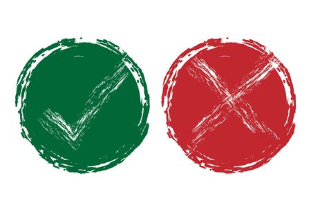 Vector voting marks set. Colorful Yes, no symbolic signs. Approval tick and rejection cross. Approval signs design. Checklist marks tick and cross.のイラスト素材