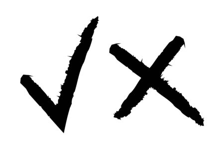 Hand paint test elements. Black, white Approval signs design. Checklist marks tick and cross. Original web icons. Grunge ink vector buttons for vote.のイラスト素材
