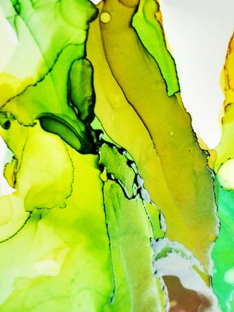 Alcohol Ink Artwork. Japanese Ink Style. Natural Green Marble Style Texture. Shimmering Modern Art. Green Mint Clouds Macro. Wall Paint Graffiti. Spring Ink Printの写真素材