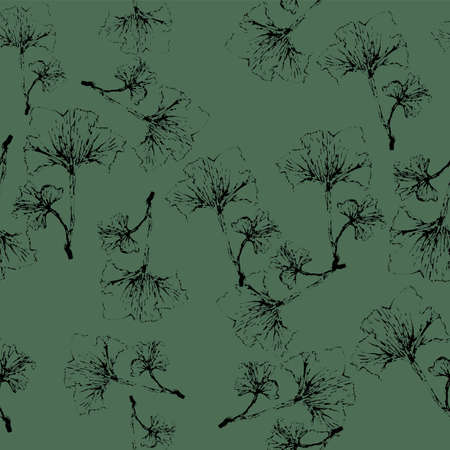 Ginkgo Biloba leaves seamless pattern. Beautiful greenery print. Ginkgo foliage and nuts. Nature print for textile, fabric design. Ink painted botanical pattern with ginkgo leaves in green mint tonesのイラスト素材
