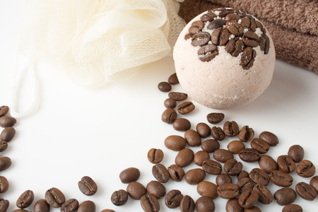 Bath bombs with coffee grains on a white backgroundの写真素材