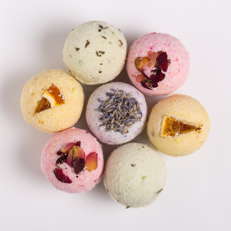 Aromatic bath bombs on a white backgroundの写真素材