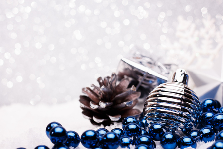 Christmas composition of Christmas tree toys on a silver background.の写真素材