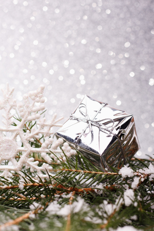 Christmas composition of Christmas tree toys on a silver background.の写真素材