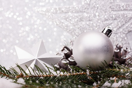Christmas composition of Christmas tree toys on a silver background.の写真素材