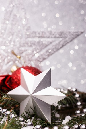Christmas composition of Christmas tree toys on a silver background.の写真素材
