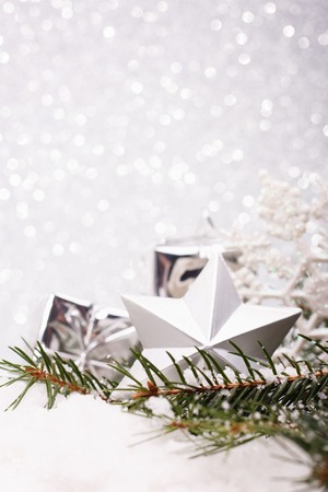 Christmas composition of Christmas tree toys on a silver background.の写真素材