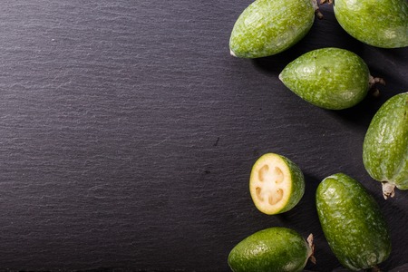 fresh fruits of the feijoa on the rustic background.の写真素材