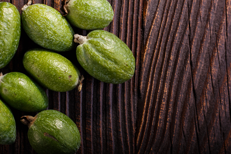 fresh fruits of the feijoa on the rustic background.の写真素材