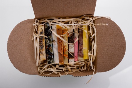 handmade soap on a white acrylic background.