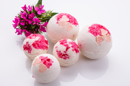 bath bombs on a white acrylic background.の写真素材
