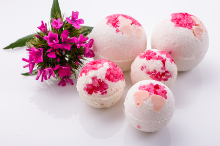 bath bombs on a white acrylic background.の写真素材