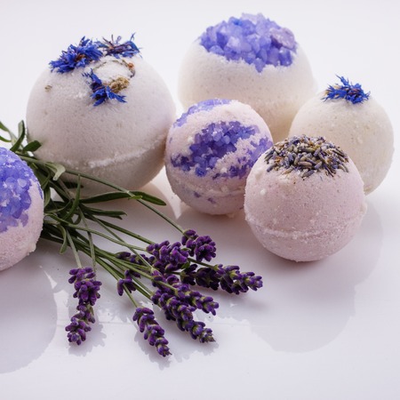 bath bombs on a white acrylic background.の写真素材